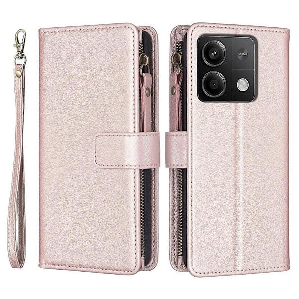 BF Style-19 læder telefoncover med pung, stativ og lynlåslomme til Xiaomi Redmi Note 13 5G Multicolor Rose Gold
