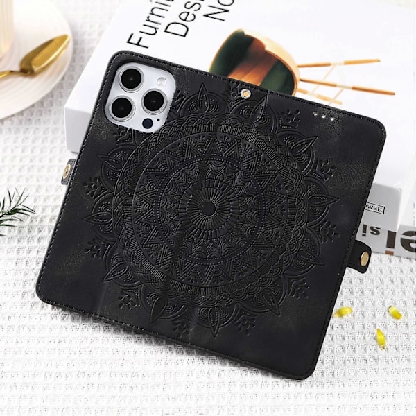 Stil 016 För iPhone 16 Pro Max Skal Hudkänsla Totem Präglat Plånbok Läder Telefonskal- Multicolor Black
