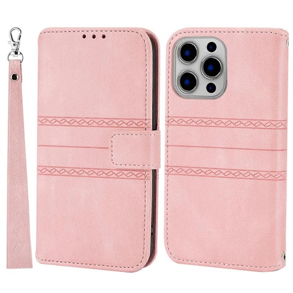 För iPhone 15 Pro Max Skal Präglat Läder Ställ Stöttåligt Telefonskal med Rem Multicolor Style D