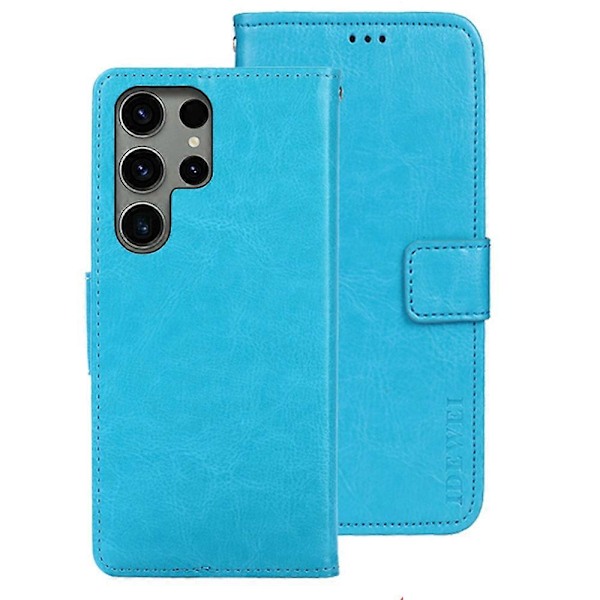 IDEWEI Läderfodral för Samsung Galaxy S24 Ultra, Crazy Horse Läder Folio Flip Plånboksfodral Multicolor Sky Blue