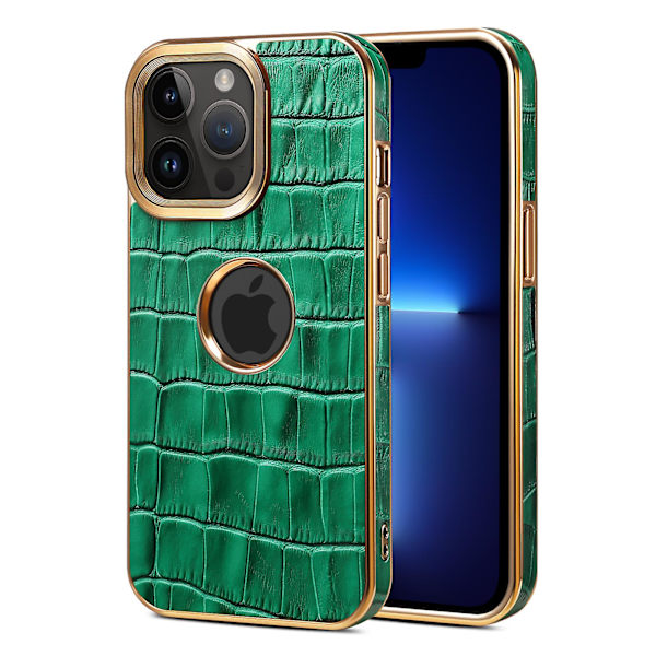 För Iphone 13 Pro Max Läderbelagd phone case Galvanisering Pc+tpu cover med logotypvy Green