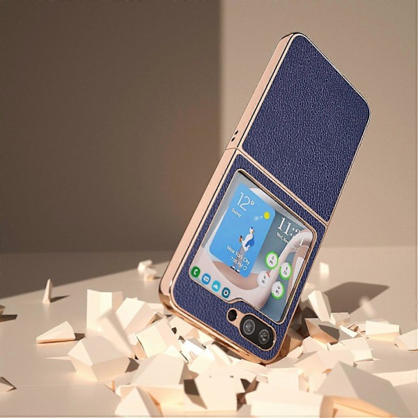 Til Samsung Galaxy Z Flip5 5G Elektropletteret Bagcover Ægte Koskindslæder+PC Telefoncover Multicolor Style C