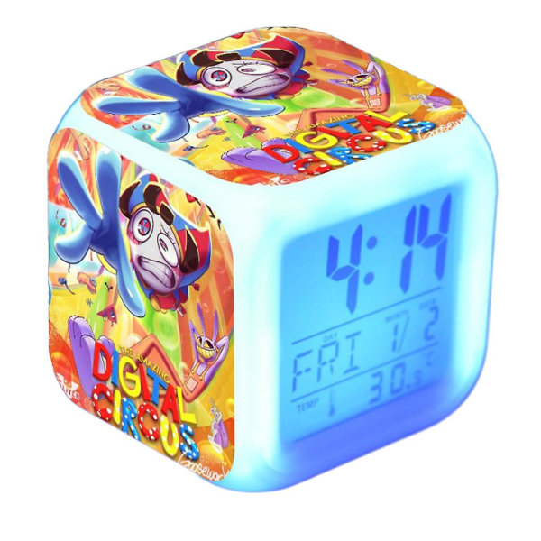 The Amazing Digital Circus Led digital väckarklocka 7 färgglada ljus sovrumsinredning med tid, temperatur, alarm, datum för barn B