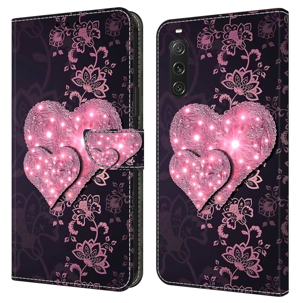 För Sony Xperia 10 V skyddande case 3d-mönsterutskrift Pu- cover med stativ Lace Hearts