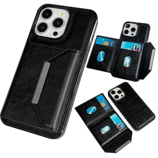 Skal för iPhone 16 Pro med Kortfack, Ställ, TPU+PU Telefonskydd - Grå Multicolor Black