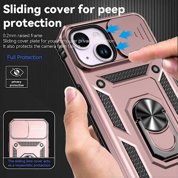 Skal med skjutbart kameraskydd för iPhone 15 Plus Fodral Metallring Ställ PC+TPU Skydd Multicolor Style D