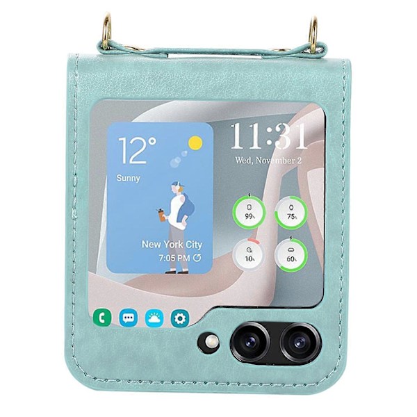 Til Samsung Galaxy Z Flip5 5G PU Læder PC Telefon Cover Beskyttelsesetui med Skulderrem Multicolor Style E