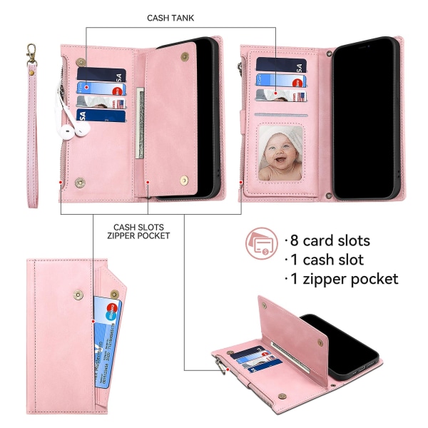 För Iphone 15 Pro Plånbok Läder Phone case Blixtlåsficka Rfid Blockerande Mobiltelefonställ Skal Rose Gold