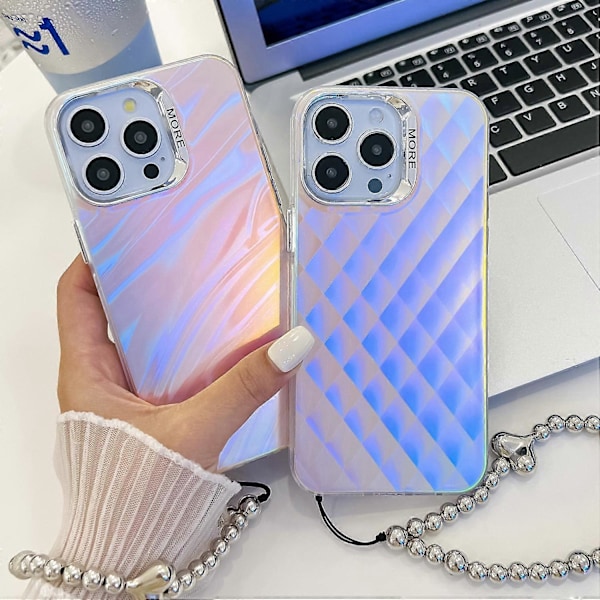 Skal för iPhone 15 Pro Max PC+TPU IMD Lasertextur Matt Telefonskydd med Pärlarmband Multicolor Style D
