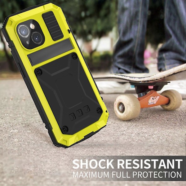 R-JUST Til iPhone 15 Plus PC+Silikone+Metal Telefon Cover Stativ med Hærdet Glas Film Multicolor Style C