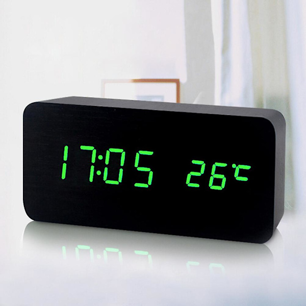 LED Skrivebord Træ Digitalt Vækkeur Lysende Stille Ur Tid Temperatur Justerbar Lysstyrke (sort træ og grøn skærm) Black