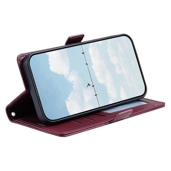 Lærveske med rombemønster, lommebokstativ og håndleddsstropp til Xiaomi Redmi Note 14 4G Multicolor Wine Red