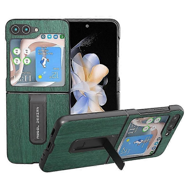 Til Samsung Galaxy Z Flip5 5G Trætekstur Bagside PU Læder+PC Støtteben Telefon Cover Multicolor Style C