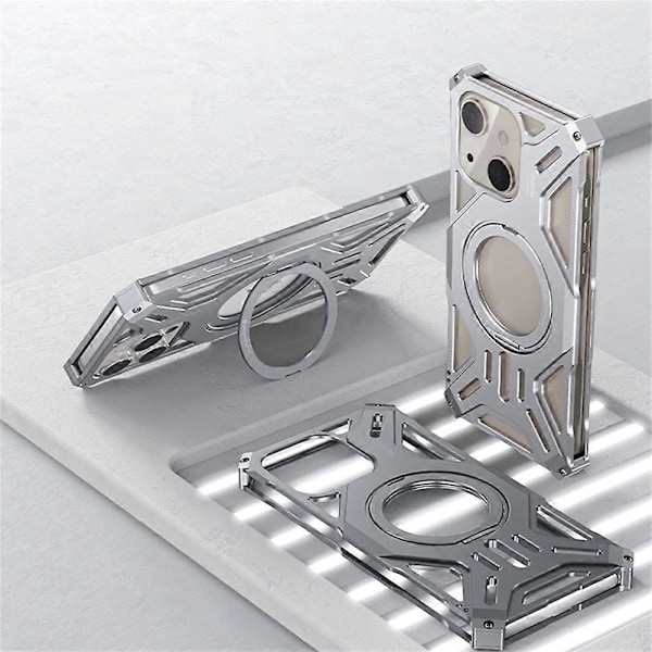 For iPhone 15 Deksel Stativ Rammeløs Aluminium Legering+Silikon Telefon Bumper Deksel Multicolor Style A