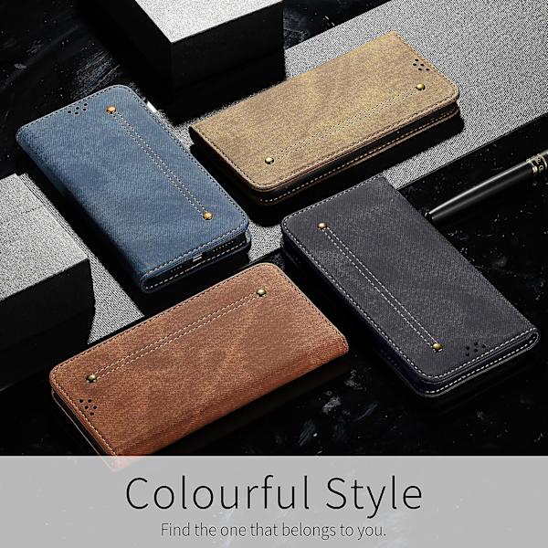För Iphone 15 Pro Pu Läder Phone case Jeans Tyg Texture Plånboksställ anti-scratch Cover Khaki
