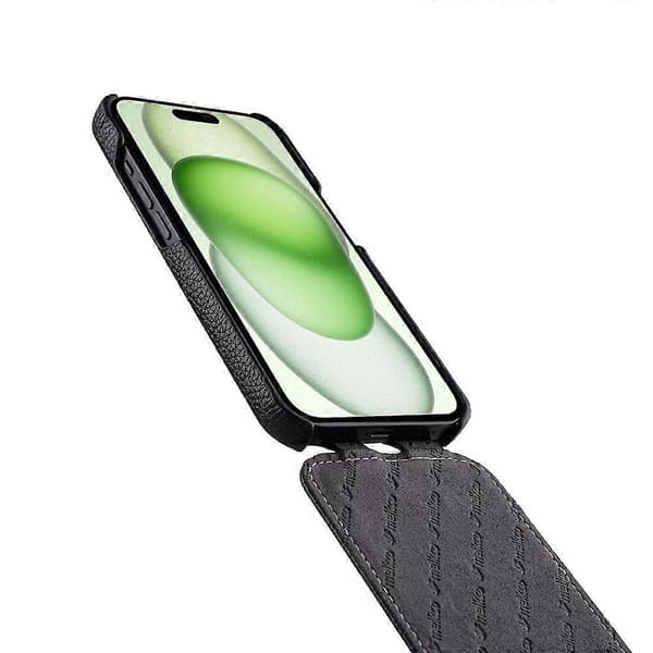 MELKCO Deksel til iPhone 15 Anti-fall Vertikal Flip Ekte Kuskinn+PC-deksel Multicolor Style A