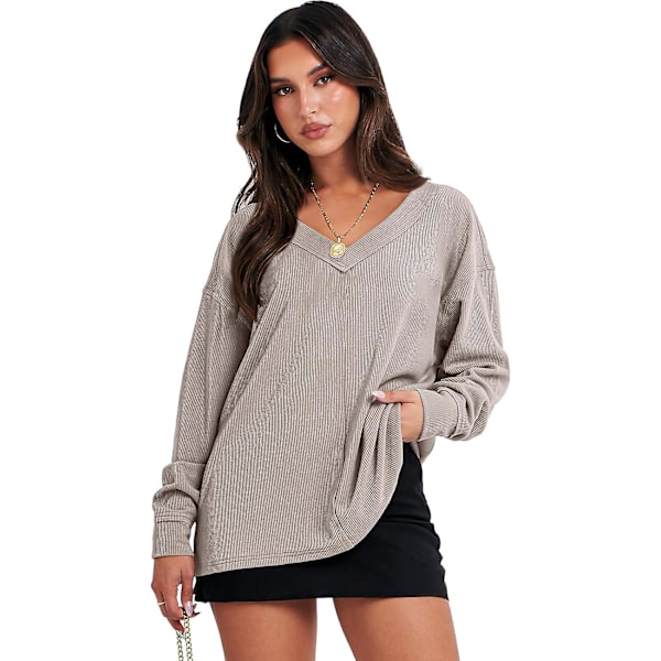 Dam långärmad skjorta V-ringad off-shulder Oversized stickad tröja lös hög låg höst tunika toppar Grey Apricot Large