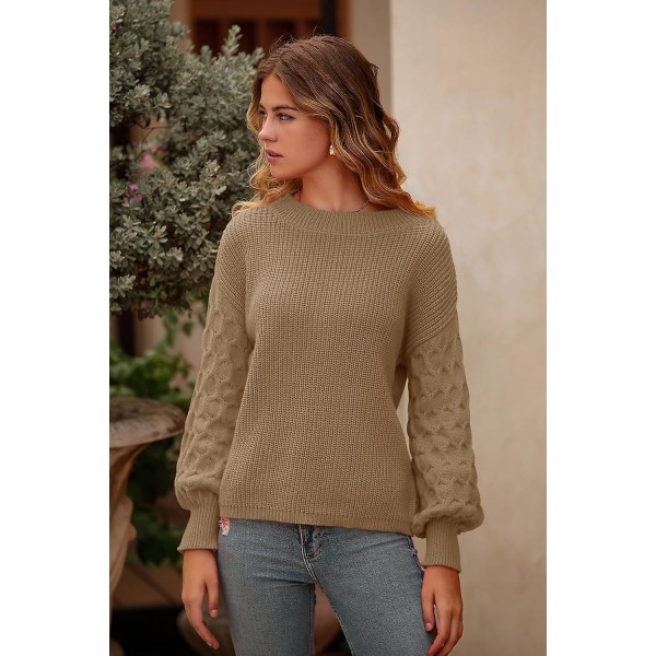Dame 2023 Vinter Pullover Sweater Afslappet Langærmet Rund Hals Løs Tyk Strikket Jumper Toppe Bluse Khaki Small