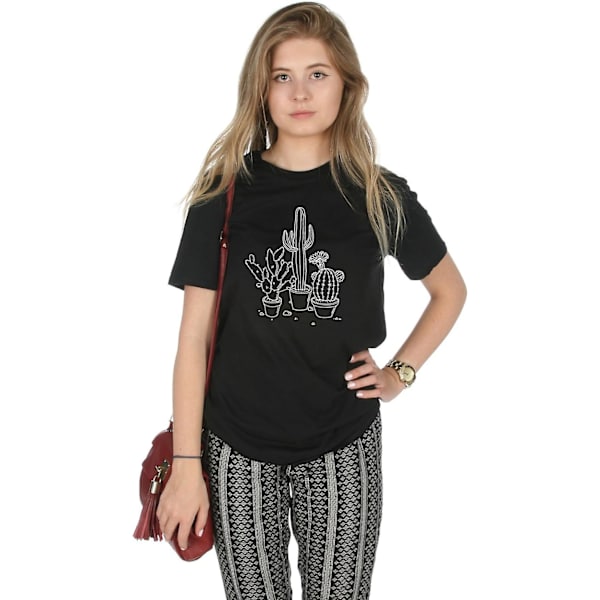 Kaktusteckning Söt Boho Bohemian Plants T-shirt Black M
