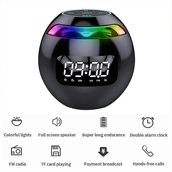Digitalt LED Vækkeur Rundt Sengelampe Natlys TF Radio Bluetooth Højttaler