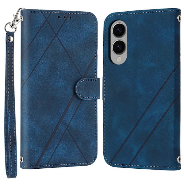 Til Samsung Galaxy S25 Edge Etui Præget Linje Læder Telefon Cover med Praktisk Rem Multicolor Blue