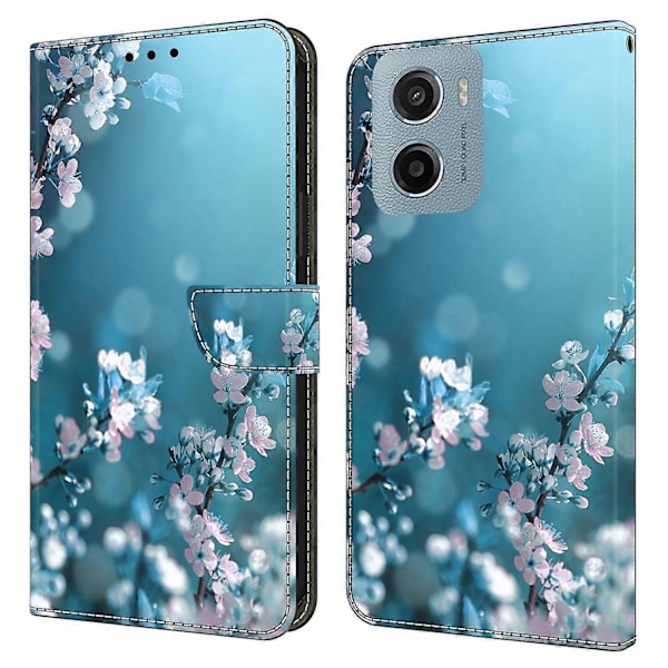 Motorola Moto E15 4G -kotelo, 3D-kuvioitu PU-nahkainen lompakkokotelo jalustalla Multicolor Plum Blossoms