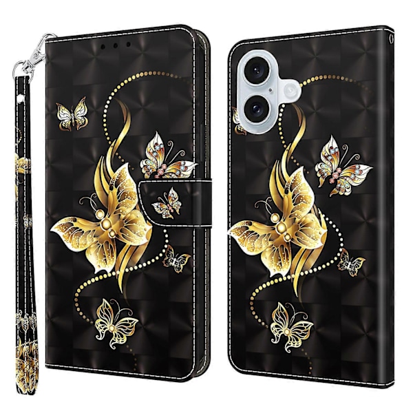 Skal till iPhone 16 Plus med Ställ, Mönstertryck, Läderfodral - Stående Katt Multicolor Golden Butterfly