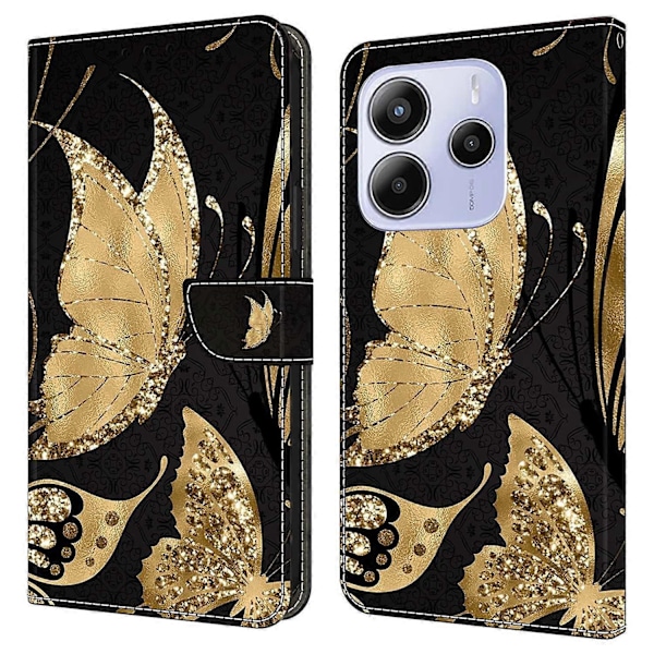 Xiaomi Redmi Note 14 5G Kotelo Magneettilukolla 3D Kuvio Nahkainen Lompakko Puhelinkotelo Multicolor Golden Butterfly
