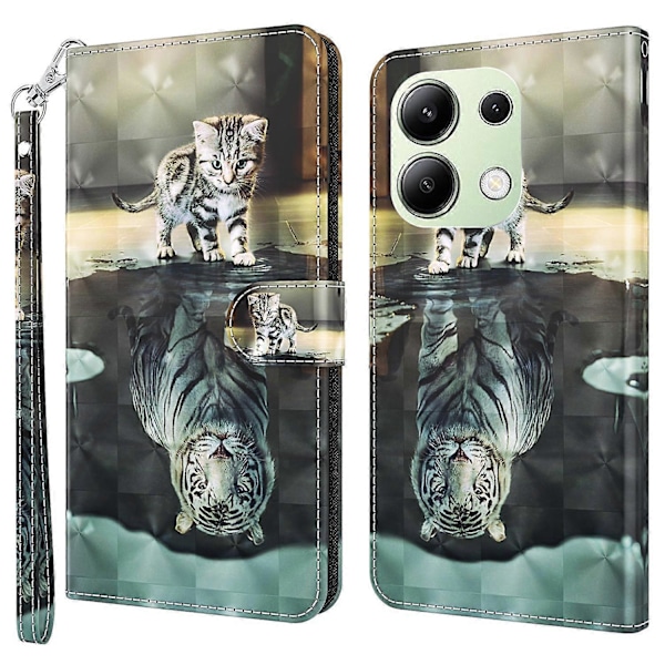 För Xiaomi Redmi Note 13 4G Mobilskal 3D Mönstertryck Läder Flipfodral med Handrem Multicolor Style B