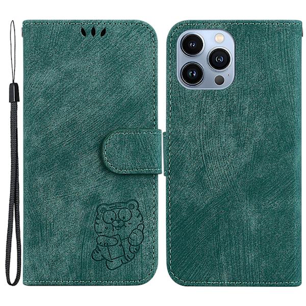 Cartoon Tiger Imprint Cover för Iphone 14 Pro Läder Plånboksställ anti-scratch Phone case Green