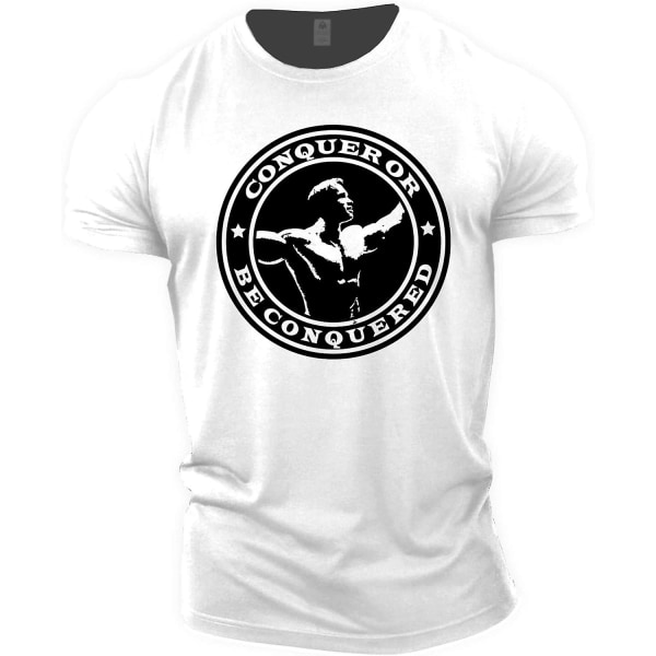 Gymtier Bodybuilding T-shirt för män - Arnold Schwarzenegger Conquer - Gym Training Top White M