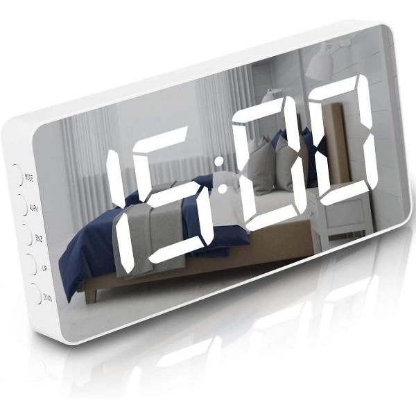 Digital väckarklocka Stor spegel LED-klocka Snooze-funktion Dimningsläge bredvid klocka för inredning i sovrummet -vit