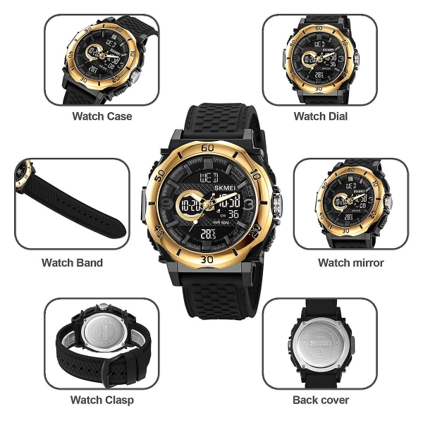 Skmei 2098 50m Vattentät Dual Display Digital Watch Gold Black