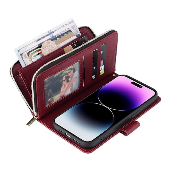 Til iPhone 15 Pro Max Telefon Stand Case Shell Lynlåslomme TPU+PU Læder Kort Slots Pung Multicolor Wine Red
