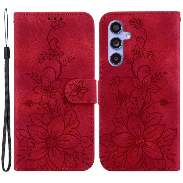 För Samsung Galaxy S23 Fe Imprinted Lily Flower Smartphone Case Pu Läder Stativ cover Red