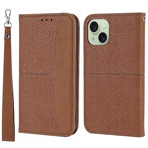 För iPhone 15 Plus Fodral Splitsad PU Läder Ställ Plånboksfodral med Rem Multicolor Style C