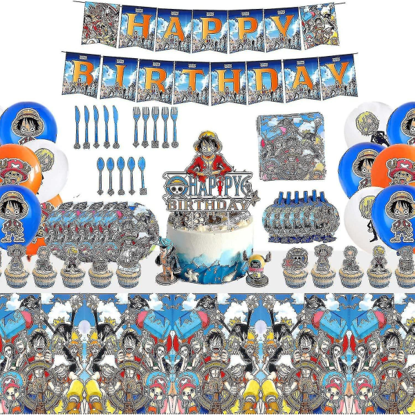 Set med 130 st ett stycke födelsedagsfesttillbehör och dekorationer för pojkar inkluderar tallrikar Tårta Topper Ballonger Banner Anime Tema Party Favors