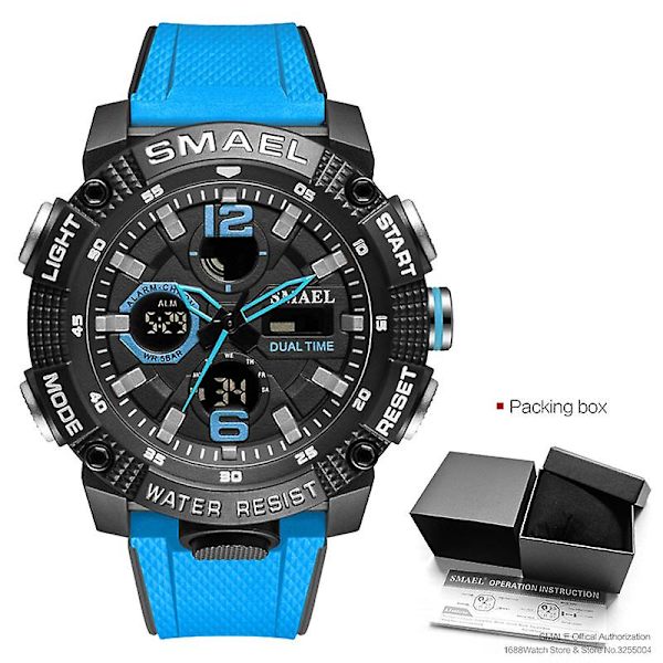 Smael Dual Time Led Display Digital watch För män Vattentät Simning Quartz Sportklockor Auto Date Alarm Clock Armbandsur 8039 Blue-Box