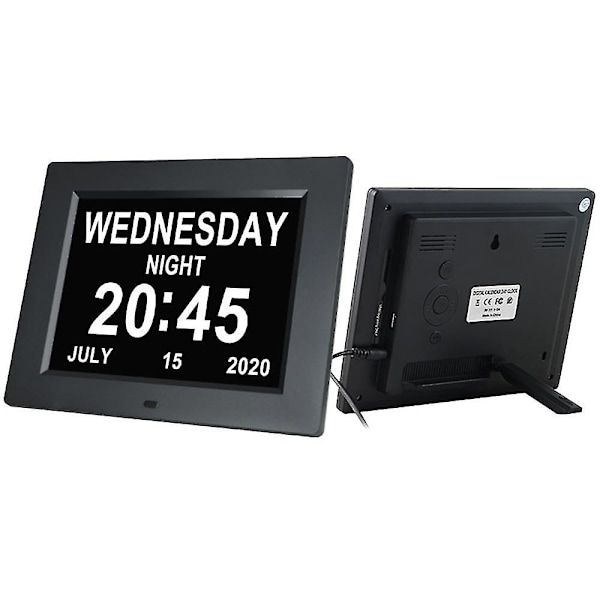 Digital kalenderväckare Dagklocka med 8" stor skärm, Am Pm, 5 väckarklockor, demensklockor Led elektronisk skrivbordskalender Äldre väckarklocka Perpet Black