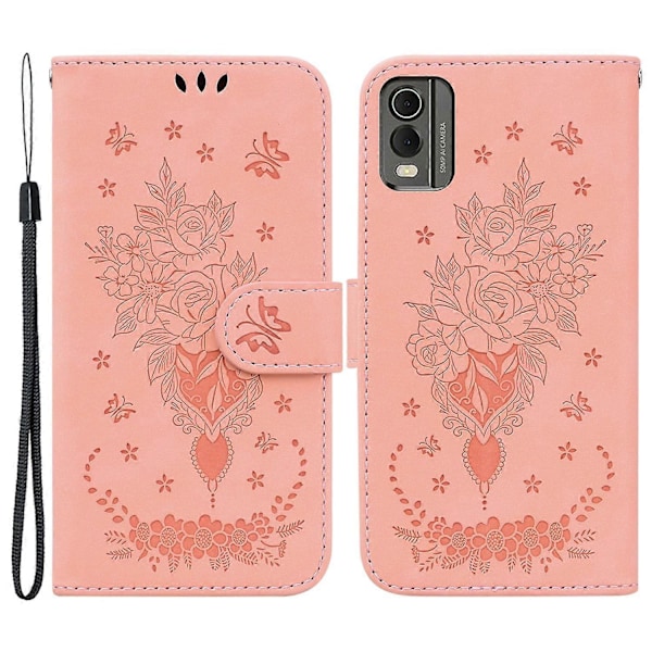 Plånboksfodral i Läder för Nokia C32, Rosfjäril Tryckt Fullt Skydd Mobilskal - Grön Multicolor Pink