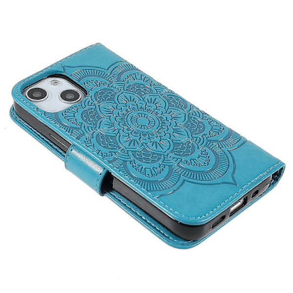 Präglad Mandala Blomma PU Läder Telefonställ Skydd Plånboksfodral med Rem för iPhone 13 6.1 tum Multicolor Style G