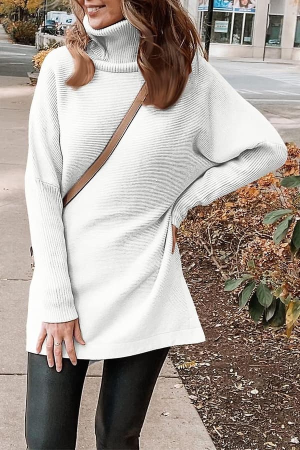 Överdimensionerade tröjor med polokrage för damer 2023 Höst Lång Fladdermusärm Tunika Pullover Tröja Stickade Toppar White Small