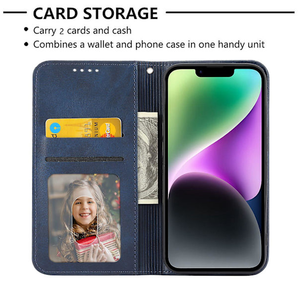 IPhone 14 Naarmuuntumaton Vasikannahka Kuvio Magneettinen Lompakkokotelo Pu-nahkaa, Kohokuvioitu Ruutukuvio, Jalustakansi Hihnalla Blue
