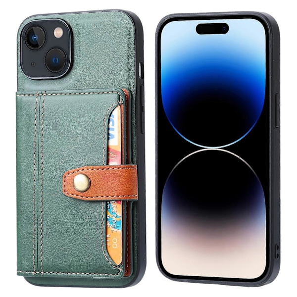 iPhone 15 Plus -puhelimen suojakotelo jalustalla ja korttipaikalla, vasikannahkajäljitelmä PU-nahkaa + naarmuuntumaton TPU-suojus Multicolor Style C