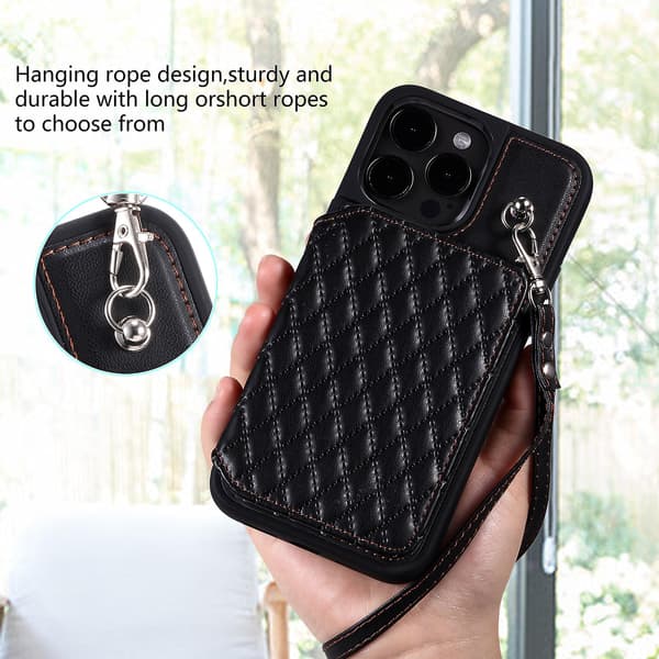 Rfid-blockerande phone case för Iphone 15 Pro Max Stötsäker Pu+tpu-telefonskal med remmar Black