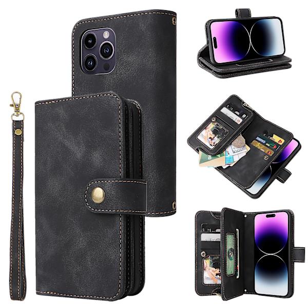För Iphone 14 Pro Max Anti-dropp phone case Stativ Blixtlåsficka Läder Cover med remmar Black