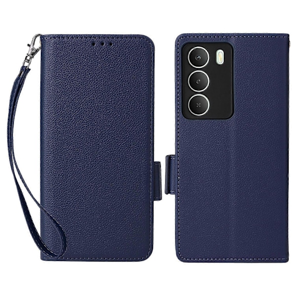 Telefonfodral för Realme 14x 5G/ V70 5G/ V70s 5G Litchi Textur PU Läder Plånboksfodral med Handledsrem Multicolor Dark Blue