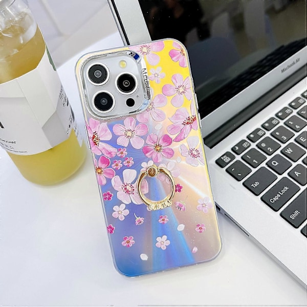 Blommig Lasertextur Skal för iPhone 15 Pro Max med Ringstativ Multicolor Style M