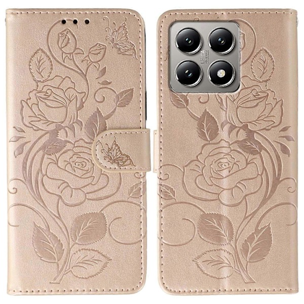 Til Xiaomi 14T Etui Tegnebog Stativ Præget Rose Sommerfugl PU Læder Telefon Cover Multicolor Rose Gold