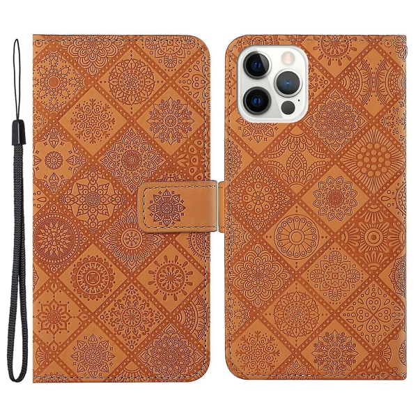Læder Wallet Case til iPhone 15 Pro, Præget Blomster Folio Flip Stand Telefon Cover Brown